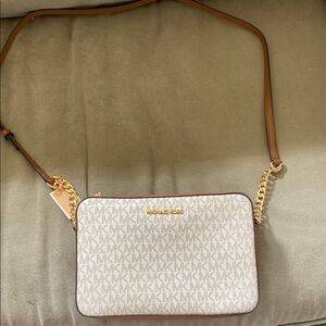 Michael Kors Cream and Brown Crossbody Bag with Monogram Print
